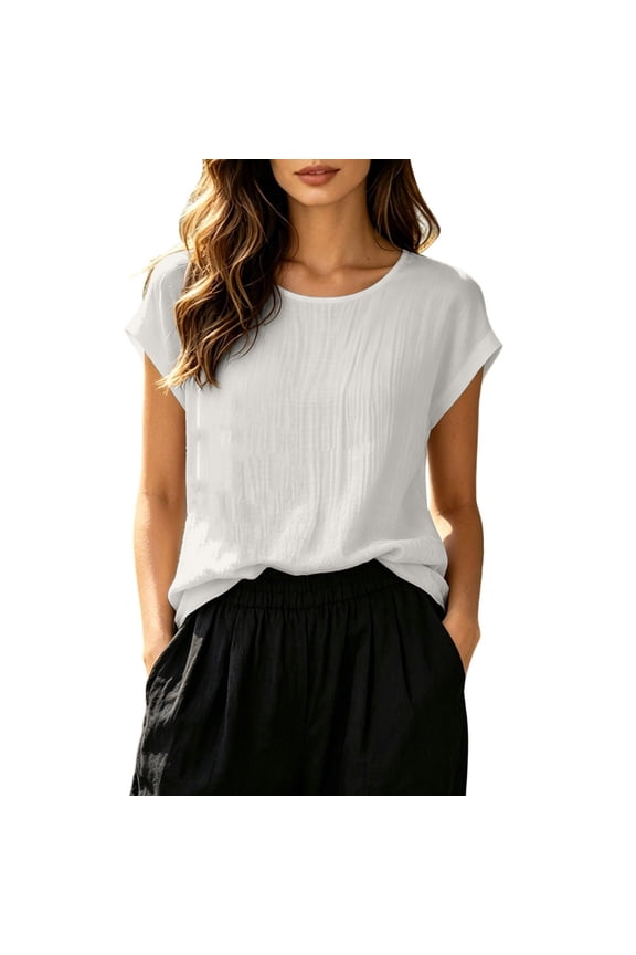 White Gauze Shirt Women Summer Casual Cap Sleeve Crinkle Cotton Linen Pullover Tops Solid Color Tunic Shirts