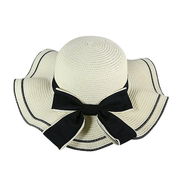 Diufon Wide Brim Straw Hat for Women Trendy Ruffled Hem Outdoor Beach Sun Hats Holiday Style Cap with Bow