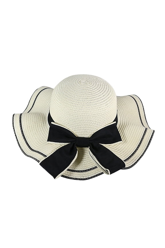 Wide Brim Straw Hat for Women Trendy Ruffled Hem Outdoor Beach Sun Hats Holiday Style Cap with Bow