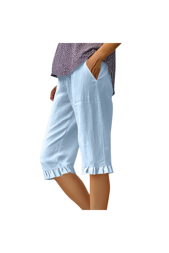 Wide Leg Capri Pants for Women Cotton Linen Ruffle Hem Capris Summer Beach Vacation Shorts with Pockets