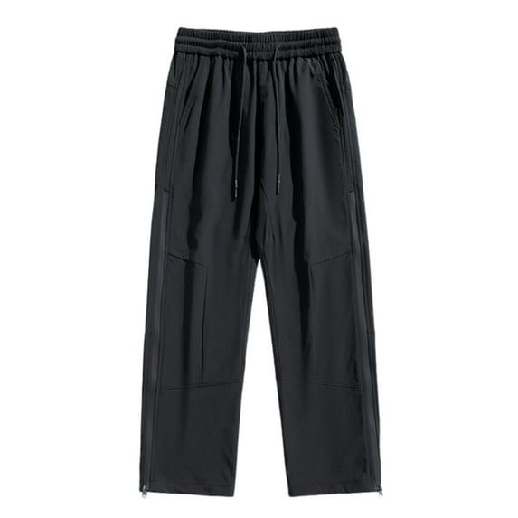 Diufon Wide Leg Cargo Pants for Men Drawstring Waist Outdoor Hiking Pant Trendy Solid Color Trousers with Pockets