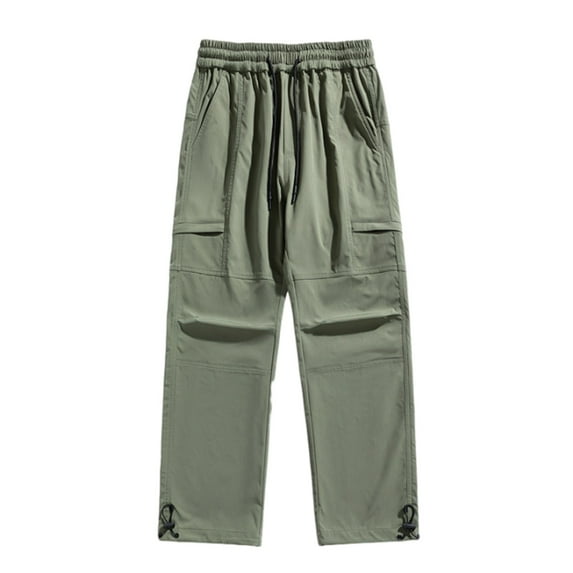 Diufon Wide Leg Cargo Pants for Men Drawstring Waist Outdoor Hiking Pant Trendy Solid Color Trousers with Pockets