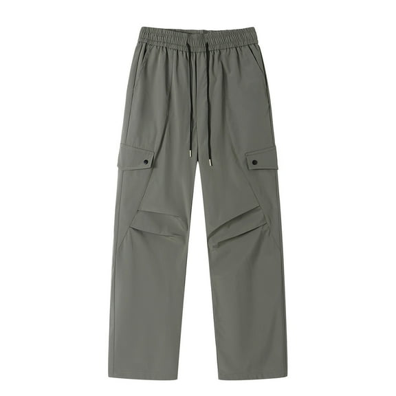 Diufon Wide Leg Cargo Pants for Men Drawstring Waist Outdoor Hiking Pant Trendy Solid Color Trousers with Pockets