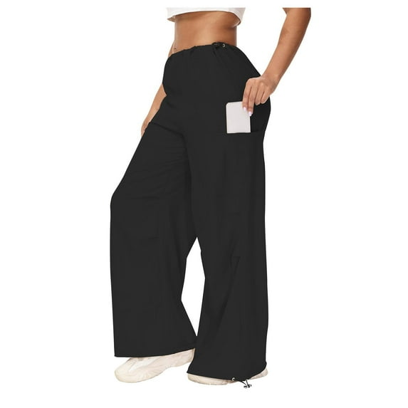 Diufon Wide Leg Cargo Pants for Women Solid Color Lounge Pants Elastic Waist Pants with Pockets