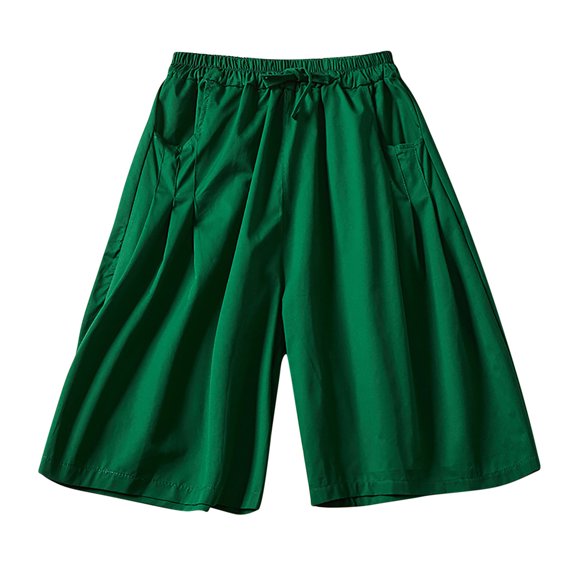 Diufon Wide Leg Cotton Shorts for Women Elastic Waisted Drawstring Knee Shorts Solid Color Athletic Pants