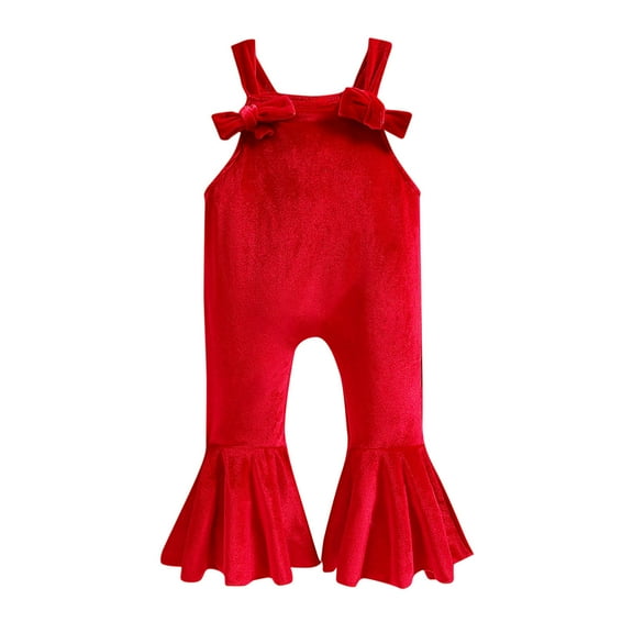 Diufon Wide Leg Jumpsuit for Girls Cotton Padded Solid Color Fall Winter Pants Bow Tie Ruffled Hem Cute Long Trousers