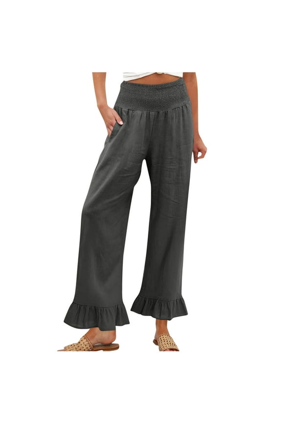Wide Leg Linen Pants for Women High Waisted Ruffle Hem Palazzo Pants Summer Boho Loose Flowy Trousers