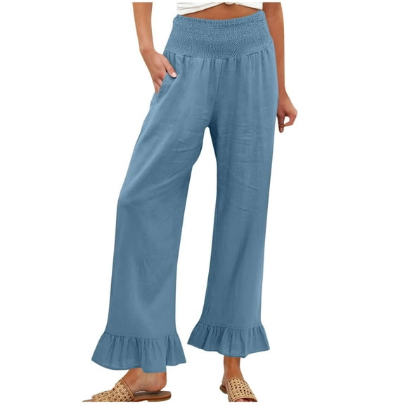 Diufon Wide Leg Linen Pants for Women High Waisted Ruffle Hem Palazzo Pants Summer Boho Loose Flowy Trousers
