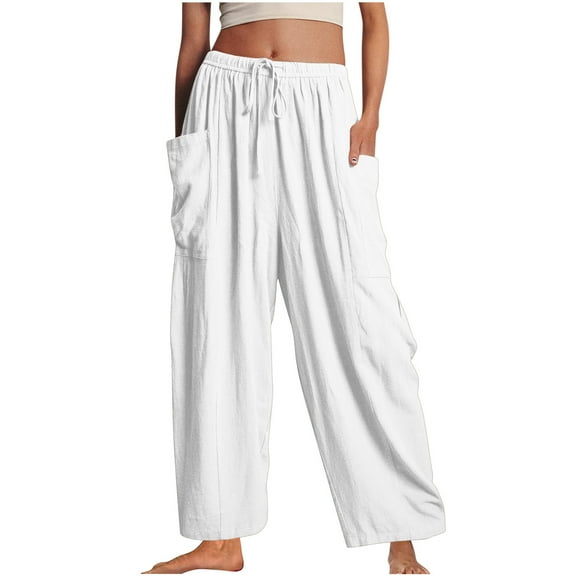 Diufon Wide Leg Linen Pants for Women Plus Size Summer Casual Drawstring Loose Beach Palazzo Pants with Pockets
