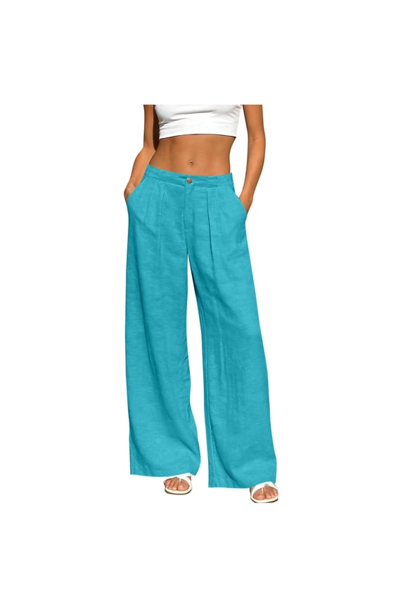 Wide Leg Linen Pants for Women Spring Summer Button High Waisted Loose Pants Casual Vacation Beach Trousers with Pockets