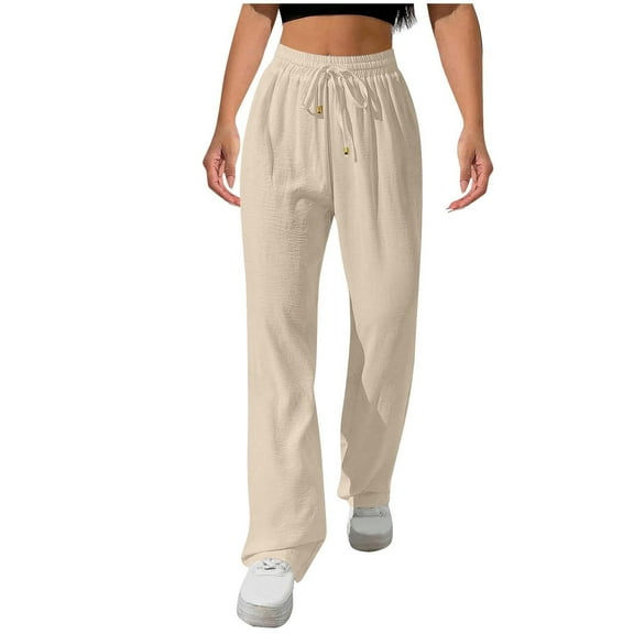 Diufon Wide Leg Linen Pants for Women Summer Casual Drawstring Beach Pant Flowy Loose Trousers with Pockets