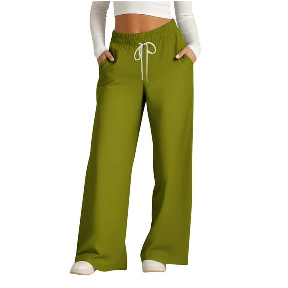 Diufon Wide Leg Pants Women Solid Color Lounge Pants Elastic Waist Drawstring Pants with Pockets