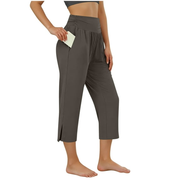 Diufon Yoga Pants for Women Casual Side Slit High Waist Wide Leg Capris with Pockets Soft Lightweight Loungewear