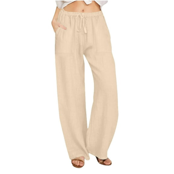 Diufon Cotton Linen Pants for Women Drawstring Waist Wide Leg Pant Summer Casual Loose Trousers with Pockets