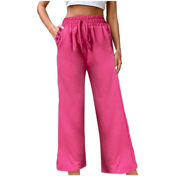 Diufon Wide Leg Pants for Women Elastic High Waist Drawstring Pants with Pockets Solid Color Trousers