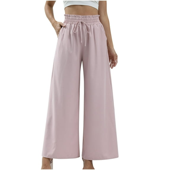 Diufon Wide Leg Pants for Women Ruffle Elastic High Drawstring Waist Lounge Pants Pockets Solid Color Pants