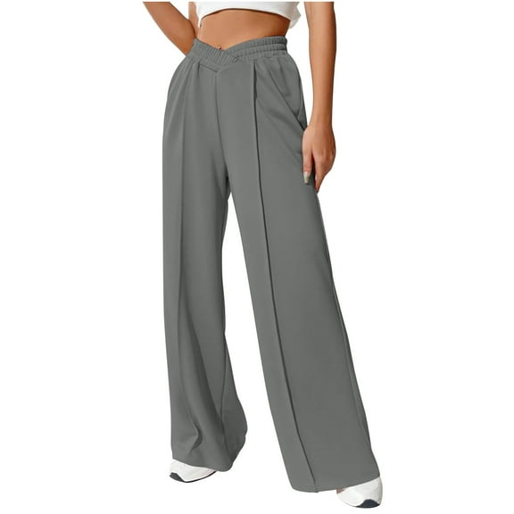 Diufon Wide Leg Pants for Women Trendy Crossover Elastic High Waist Palazzo Pants Solid Color Casual Trousers