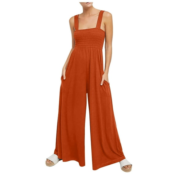 Diufon Wide Leg Romper for Women Solid Color Sleeveless Strap Playsuit Pockets Elastic Waist Jumpsuit