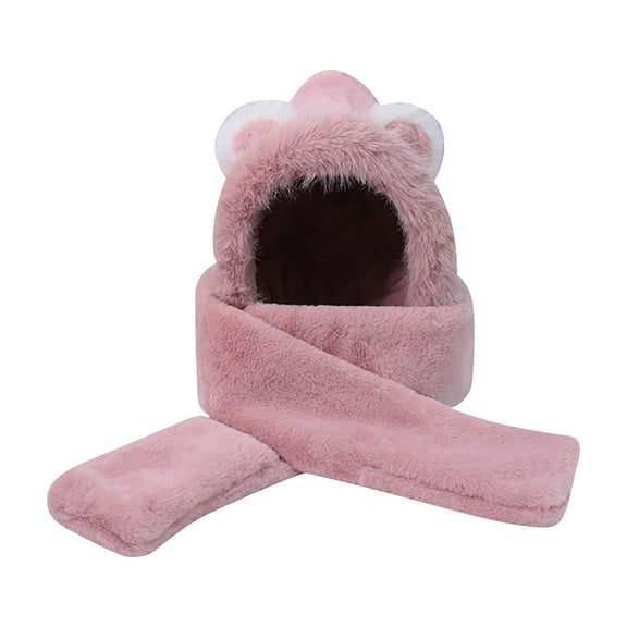 Diufon Winter Hooded Scarf Hat for Women Cute Plush Thickened Warm Beanie Hats Windproof Outdoor Ski 2 in 1 Cap
