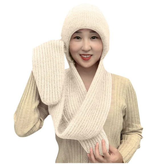 Diufon Winter Hooded Scarf Hat for Women Plush Knitted Thickened Warm Beanie Outdoor Windproof 2 in 1 Hats