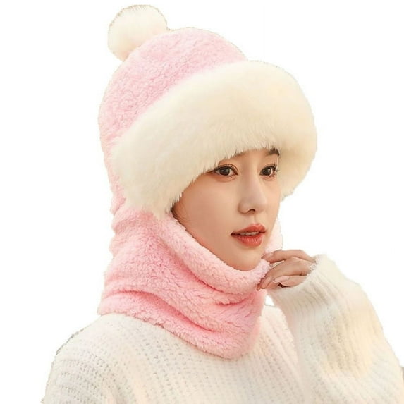 Diufon Winter Hooded Scarf Hat for Women Plush Thickened Warm Beanie Hats Windproof Outdoor Ski 2 in 1 Cap