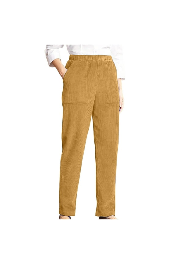 Women Corduroy Pants Elastic Waist Straight Leg Pant Casual Fall Winter Trousers with Pockets