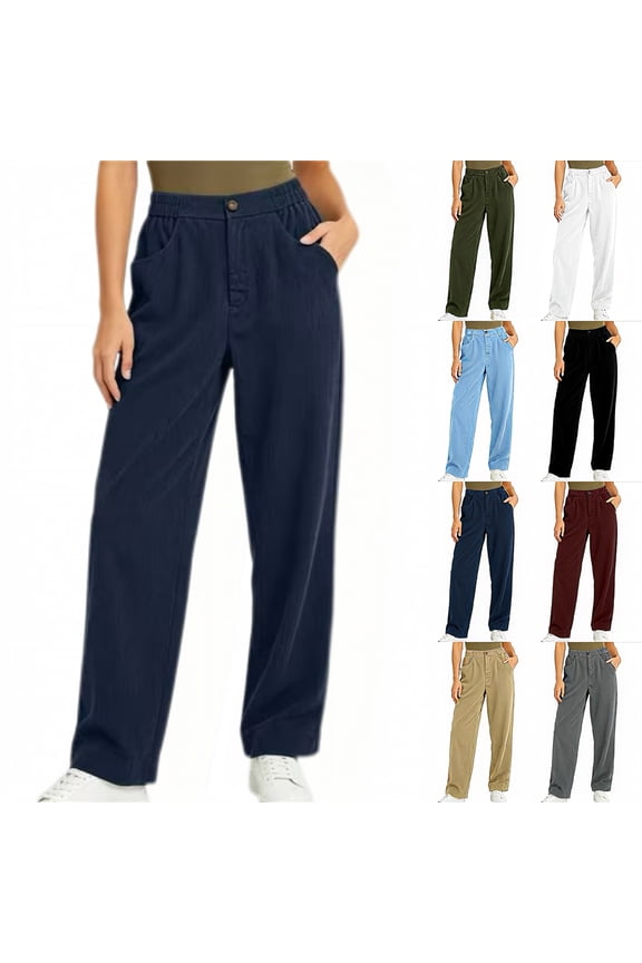 Corduroy Pants Women Elastic High Waist Straight Leg Pant Baggy Fall Winter Warm Trousers with Pockets