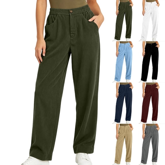 Diufon Corduroy Pants Women Elastic High Waist Straight Leg Pant Baggy Fall Winter Warm Trousers with Pockets