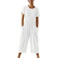 thumbnail image 1 of Diufon Women Cotton Linen Overalls Short Sleeve Crewneck Romper Pockets Solid Color Elastic Waist Jumpsuit, 1 of 7