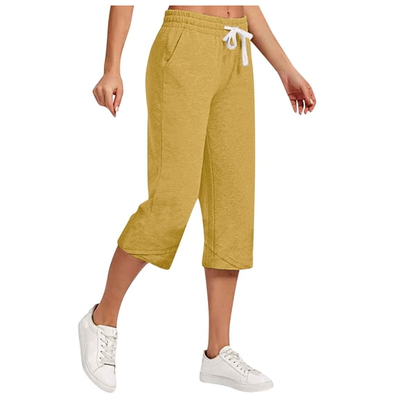 Diufon Women Cotton Linen Straight Pants Elastic Waist Drawstring Wide Leg Pants Solid Color 3/4 Length Pants