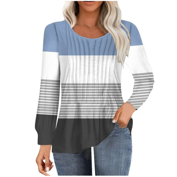 Diufon Women Fall Casual Tops Round Neck Puff Long Sleeve Tunics Stripe Printed Blouses