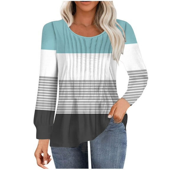 Diufon Women Fall Casual Tops Round Neck Puff Long Sleeve Tunics Stripe Printed Blouses