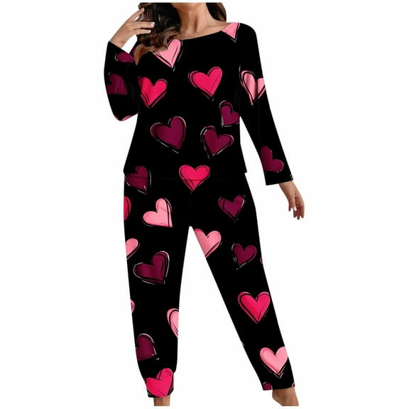 Diufon Women Pajama Set Plus Size Valentine's Day Printed Long Sleeve Tops and Pants Loose 2 Piece Sleepwear