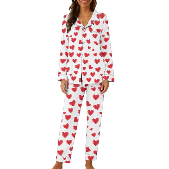 Diufon Women Pajama Set Valentine's Day Graphic Printed Long Sleeve Button Down Shirts and Pants 2 Piece Outfits