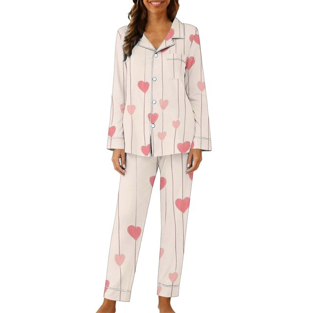 Diufon Women Pajama Set Valentine's Day Graphic Printed Long Sleeve Button Down Shirts and Pants 2 Piece Outfits