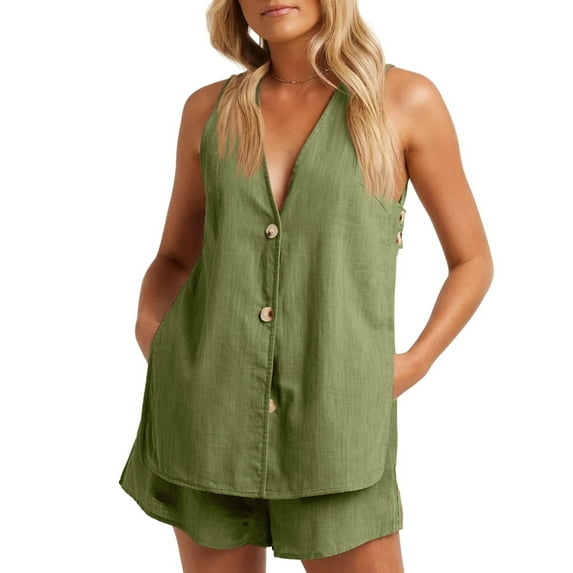 Diufon Women's 2 Piece Casual Outfits V Neck Sleeveless Button Tank Tops Solid Color Shorts Sets with Pockets
