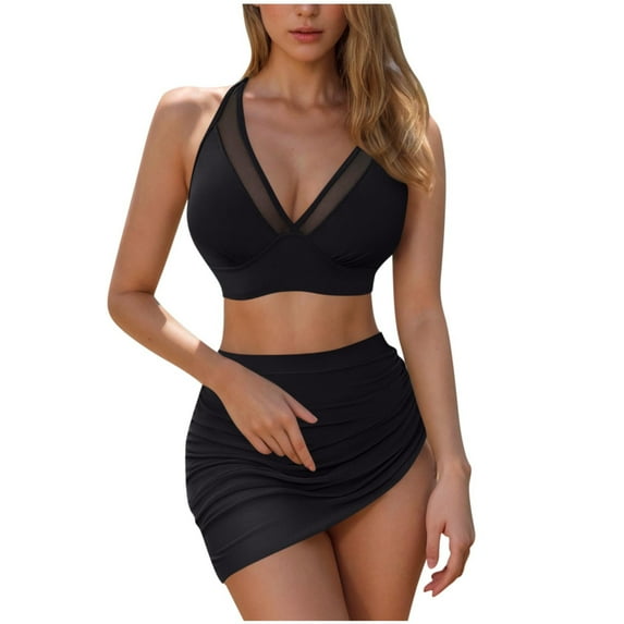 Diufon Plus Size Swimsuit for women 2 piece Summer Beach High Waist Bikini Swim Skirt Mesh V Neck Swimsuits
