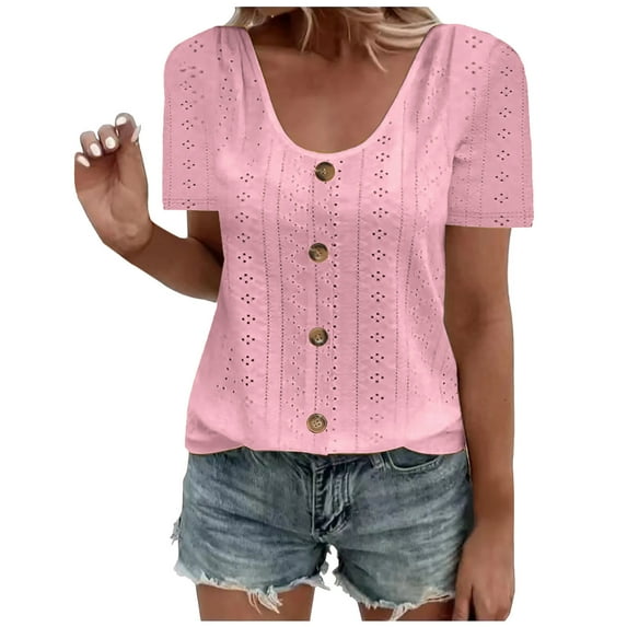 Diufon Women's Button Down Tops Short Sleeve Round Neck Blouses Casual Loose Solid Color Tops T-shirt
