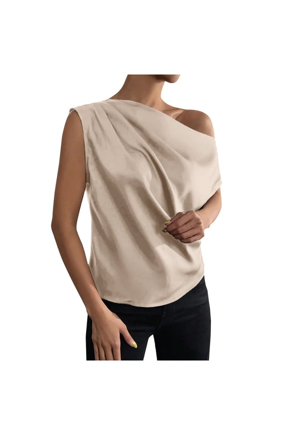 Women's Cap Sleeve Silk Tops off Shoulder Solid Color Pleated Tanks Elegant Sleeveless Tunic Shirts