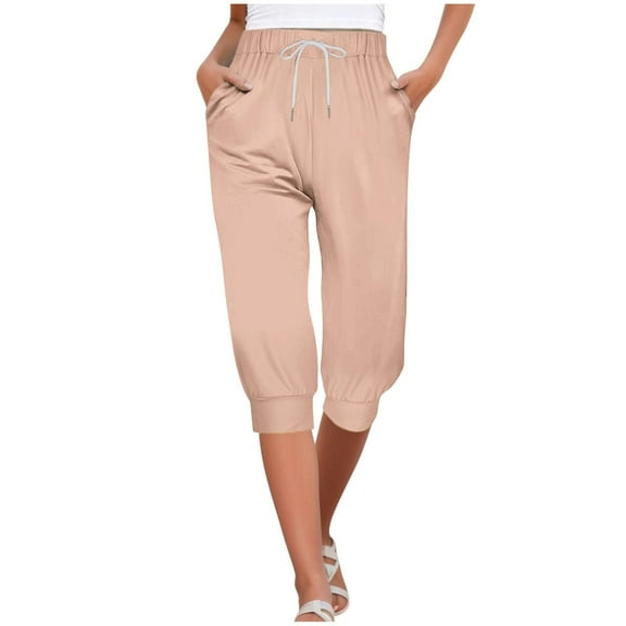 Diufon Women's Capri Pants Casual Straight Leg Stretch Drawstring High Waist Loose Trousers with Pockets