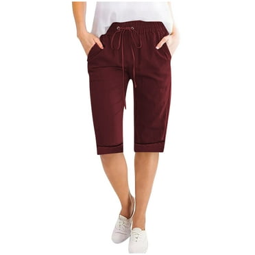 Diufon Women's Capri Pants Cotton Linen Straight Leg High Waist Drawstring Pants Casual Trousers with Pockets