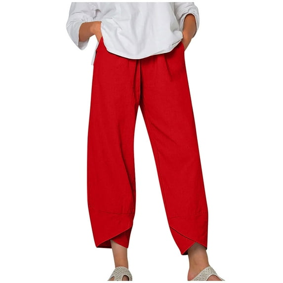 Diufon Women's Capri Trouser Summer Cotton Linen Crossover Bottom Pants Solid Color Print Casual Pant (Small, Red)
