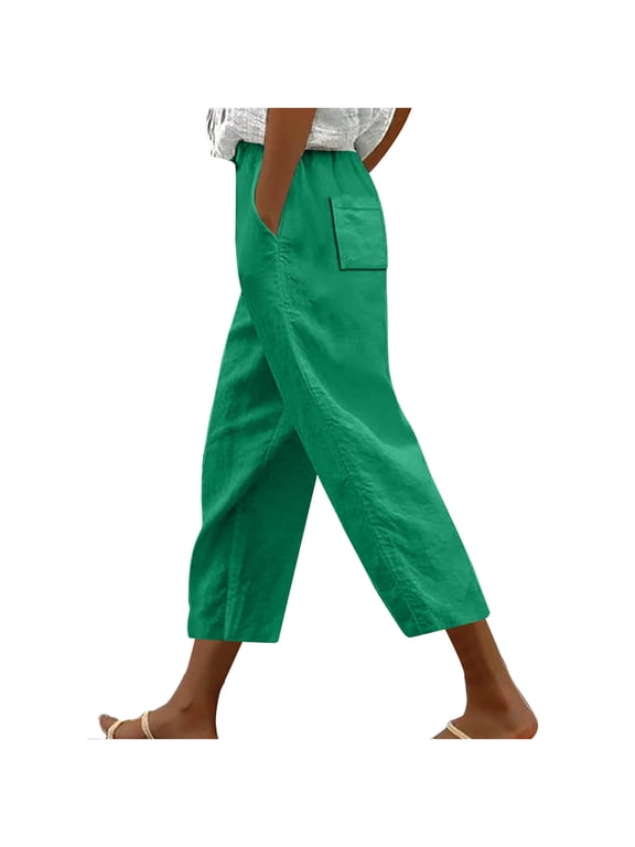 Women's Cargo Pants Elastic High Waist Drawstring Lounge Pants 3/4 Solid Color Pants with Pockets