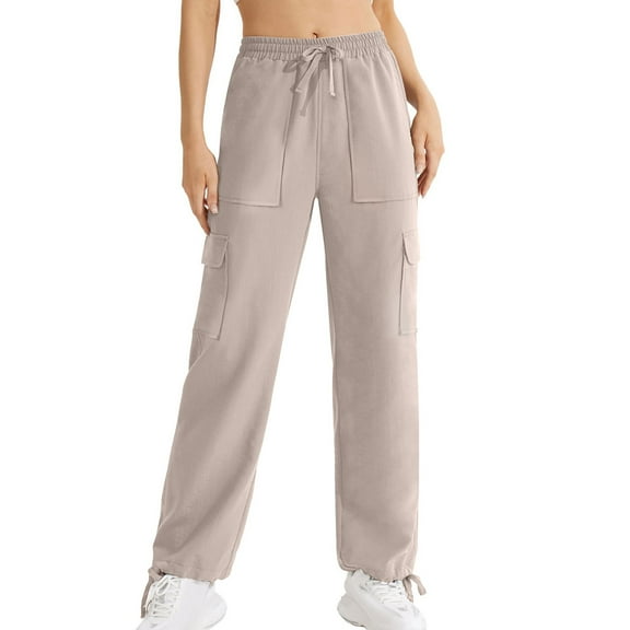 Diufon Women's Cargo Pants Solid Color Lounge Pants with Pockets Elastic High Waist Drawstring Straight Pants