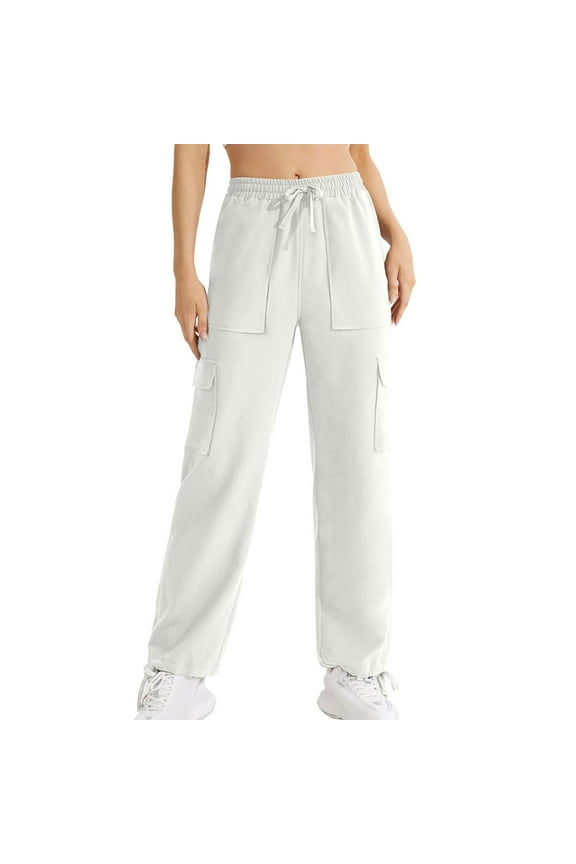 Women's Cargo Pants Solid Color Lounge Pants with Pockets Elastic High Waist Drawstring Straight Pants