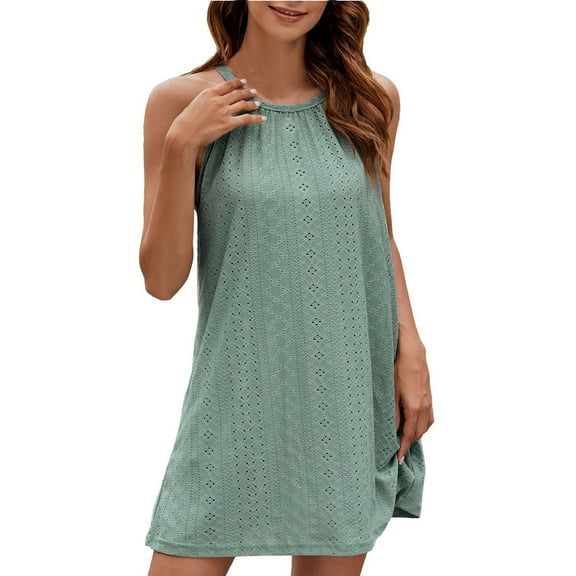 Diufon Women's Casual Sleeveless Dresses Summer Hanging Round Neck Loose Dress Hollow-out Pattern Flowy Desses