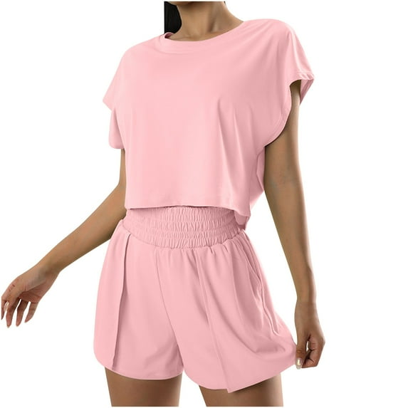 Diufon Women's Casual Suits Round Neck Cap Sleeve Tees Elastic High Waist Shorts Solid Color Outfits