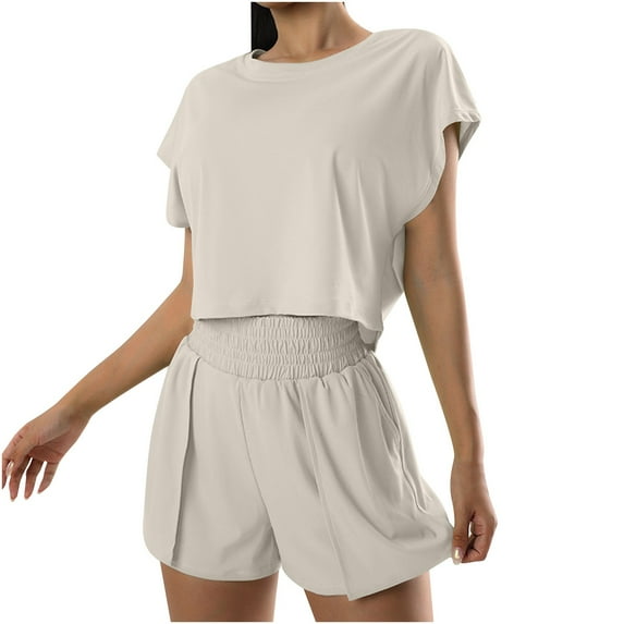 Diufon Women's Casual Suits Round Neck Cap Sleeve Tees Elastic High Waist Shorts Solid Color Outfits