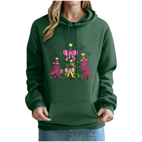 Diufon Women's Christmas Hoodie Cute Printed Long Sleeve Cozy Drawstring Pullover Sweatshirts Fall Winter Warm Tops