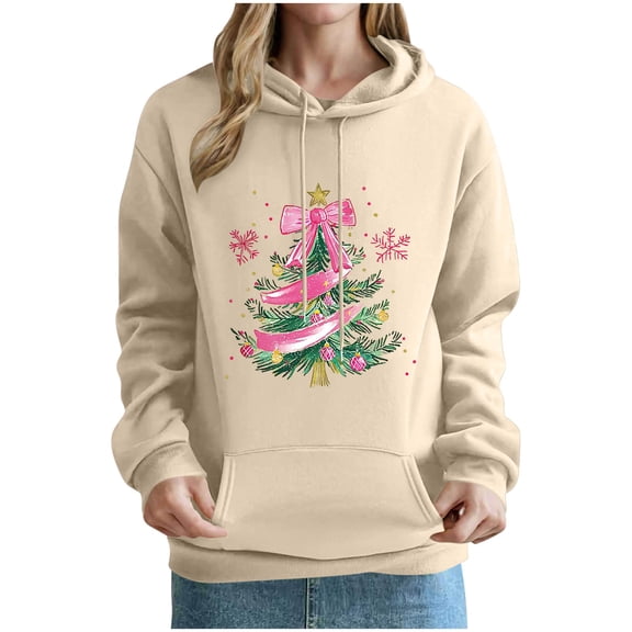 Diufon Women's Christmas Hoodie Cute Printed Long Sleeve Cozy Drawstring Pullover Sweatshirts Fall Winter Warm Tops